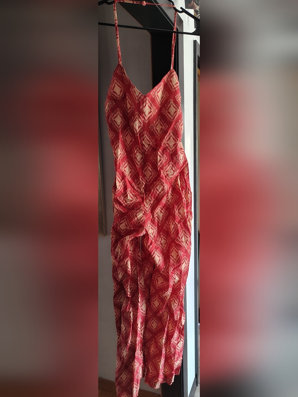 Zara Red "Jammie Jumpsuit" with Cream Geometric Print